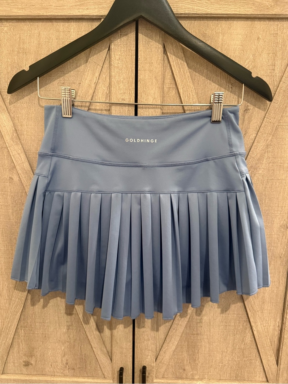 GoldHinge Pleated Athletic Mini Skirt in Dusty Blue